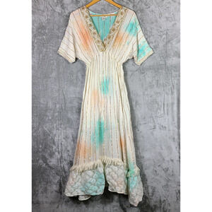 Zury Gold Stripe Floral Lace Free Size Maxi Dress Boho Whimsical Fairy Festival